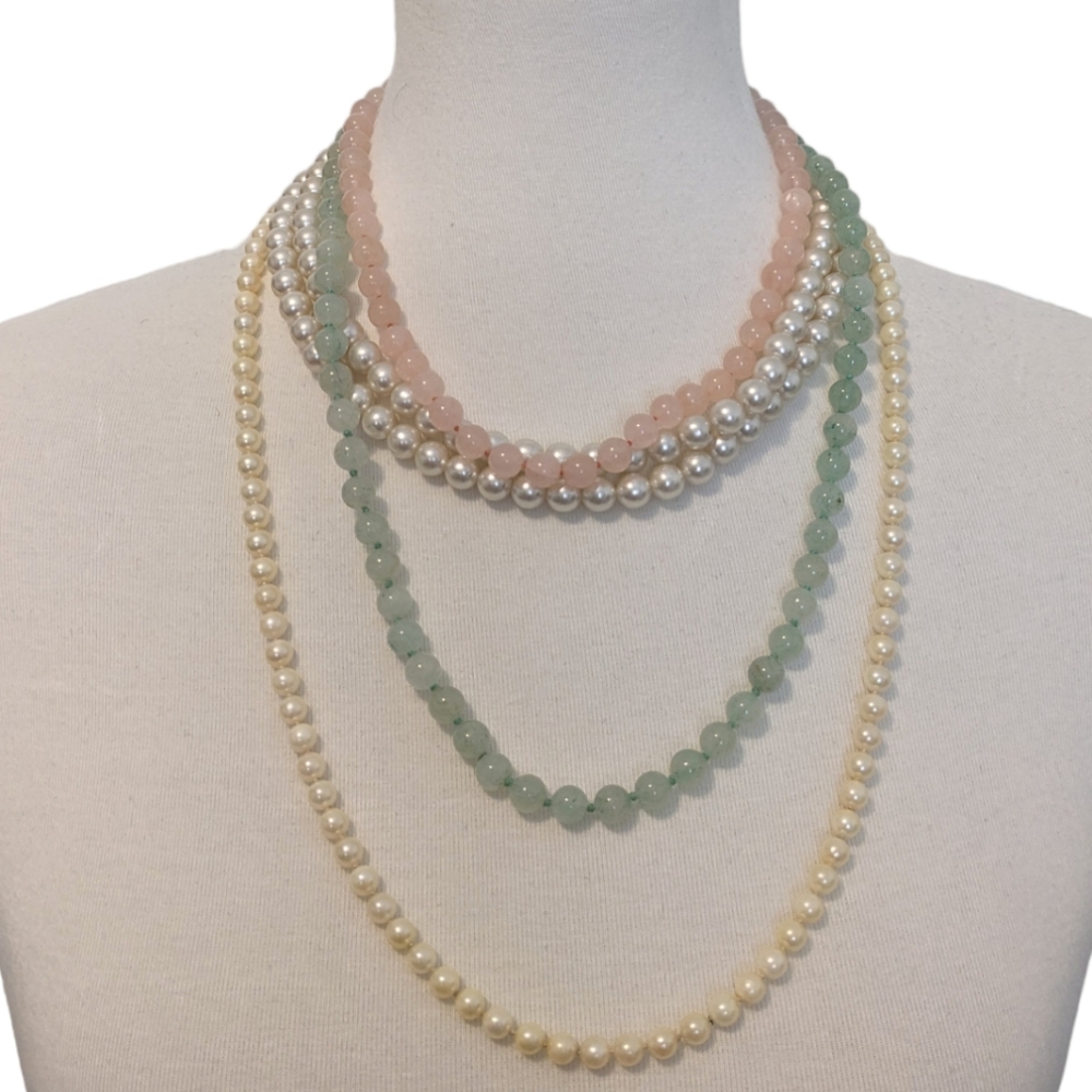 Vintage Pearl Necklaces Bundle of 4 Pink Green White Cream Various Lengths